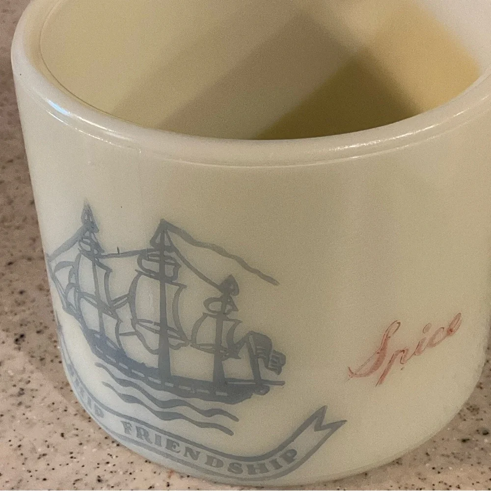 vtg OLD SPICE Shaving Mug Ship Friendship 1940s Marbled Glass Off White Blue +